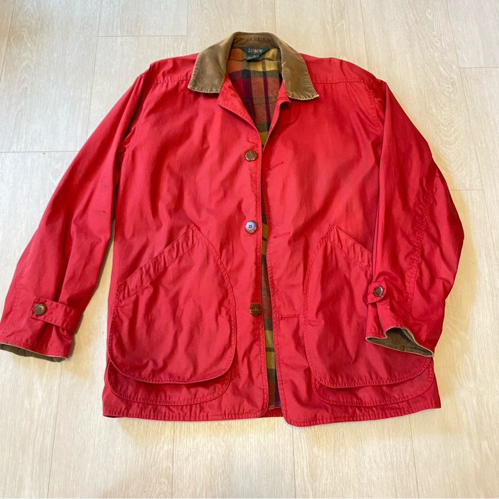 Vintage J Crew Oarsman Barn Jacket Flannel Lined Chore Coat Mens Small Red 90s